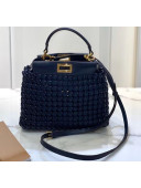 Fendi Peekaboo ICONIC Mini Interlace Bag In Navy Blue Leather 2020 