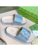Gucci Sequins Platform Slide Sandal 573018 Light Blue 2021