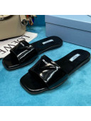 Prada Shiny Leather Triangle Logo Flat Slide Sandals Black 2021
