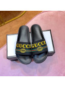 Gucci Flat Logo Rubber Slide Sandal 525140 Black/Yellow 2019(For Women and Men)