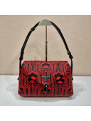 Prada Jacquard Knit and Leather Signaux bag 1BC165 Black/Red 2021