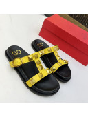 Valentino Roman Stud Calf Leather Flat Slide Sandals Yellow 2022 0323144