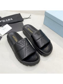 Prada Calf Leather Flat Slide Sandals Black 2022 032879