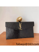 Saint Laurent Uptown Pouch in Crocodile Embossed Shiny Leather 565739 Black/Gold 2022