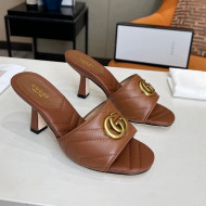 Gucci Diagonal Leather Medium Heel Slide Sandals with Double G Brown 2022 