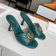 Gucci Diagonal Leather Medium Heel Slide Sandals with Double G Green 2022 