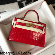 Hermes Kelly Mini Bag 19cm in Crocodile Embossed Calf Leather Chinese Red/Gold 2021 