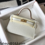 Hermes Kelly Mini Bag 19cm in Crocodile Embossed Calf Leather Cream White/Gold 2021 
