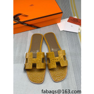 Hermes Oran Crocodile Embossed Leather Flat Slide Sandals Yellow 2022 02