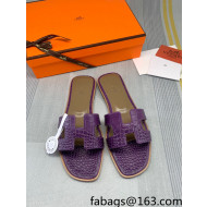 Hermes Oran Crocodile Embossed Leather Flat Slide Sandals Purple 2022 03