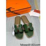 Hermes Oran Crocodile Embossed Leather Flat Slide Sandals Green 2022 04