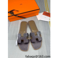 Hermes Oran Crocodile Embossed Leather Flat Slide Sandals Grey 2022 05