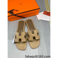 Hermes Oran Crocodile Embossed Leather Flat Slide Sandals Light Yellow 2022 06