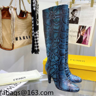 Fendi Karligraphy High Heel Boots 8cm in Blue Python-Like Leather 2021 