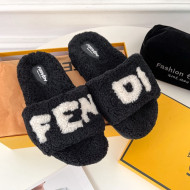 Fendi Logo Shearling Flat Slide Sandals Black 2021