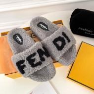 Fendi Logo Shearling Flat Slide Sandals Grey 2021