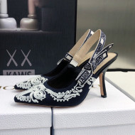 Dior J'Adior Slingback Pumps 9.5cm in Deep Blue and White Cornely-Effect Embroidery 2022