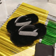 Alexander Wang Rabbit Fur and Crystal Thong Flat Sandals Black 2021
