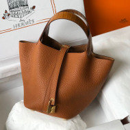 Hermes Touch Picotin Bag 18cm with Crocodile Embossed Leather Top Handle Caramel Brown/Gold 2020