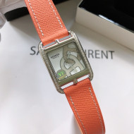 Hermes Cape Cod Grained Leather Crystal Square Watch 29cm Orange 2021