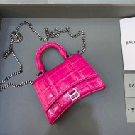 Balenciaga Hourglass Mini Nano Bag with Chain in Shiny Crocodile Calfskin Hot Pink 2022 664676