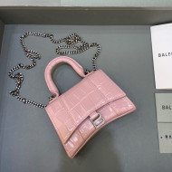 Balenciaga Hourglass Mini Nano Bag with Chain in Shiny Crocodile Calfskin Light Pink 2022 664676
