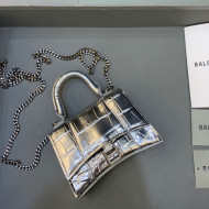 Balenciaga Hourglass Mini Nano Bag with Chain in Shiny Crocodile Calfskin All Silver 2022 664676