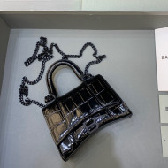 Balenciaga Hourglass Mini Nano Bag with Chain in Shiny Crocodile Calfskin All Black 2022 664676