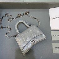Balenciaga Hourglass Mini Nano Bag with Chain in Shiny Crocodile Calfskin Light Grey/Silver 2022 664676