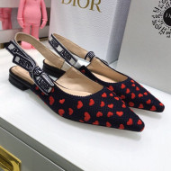 Dior J'Adior Slingback Ballerina Flat in Navy Blue and Red Hearts I Love Paris Embroidered Cotton 2021