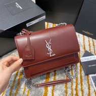 Saint Laurent Sunset Medium Bag in Smooth Leather 442906 Burgundy/Silver 2020