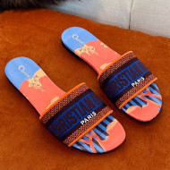 Dior Dway Flat Slide Sandals in Blue Multicolor D-Flower Pop Cotton Embroidery 2022