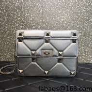 Valentino Large Roman Stud The Shoulder Bag in Metallic Grainy Leather 1129L Silver 2022