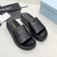Prada Calf Leather Flat Slide Sandals Black 2022 032879