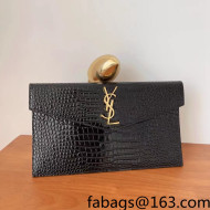Saint Laurent Uptown Pouch in Crocodile Embossed Shiny Leather 565739 Black/Gold 2022