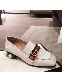 Gucci Leather GG Buckle Pearl Low-heel Loafers 423559 White 2020