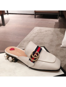 Gucci Leather GG Buckle Pearl Slippers Mules 423694 White 2020
