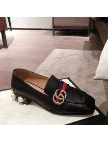 Gucci Leather GG Buckle Pearl Low-heel Loafers 423559 Black 2020