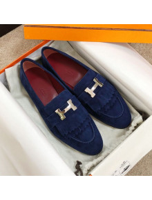 Hermes Royal Fringe Suede Flat Loafers Blue 2020