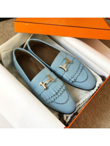 Hermes Royal Fringe Lambskin Flat Loafers Light Blue 2020