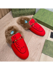 Gucci 100 Velvet Fur Slippers Red 2021 111623