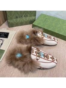Gucci 100 Flower Jacquard Canvas Fur Slippers White 2021 111626