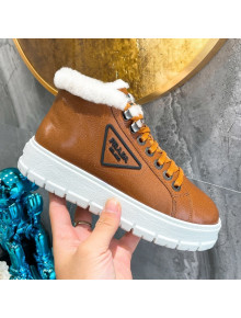 Prada Leather and Wool High-Top Sneakers Brown 2021 111857