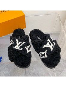 Louis Vuitton Cross Strap Shearling Slide Sandals Black 2021 1117121