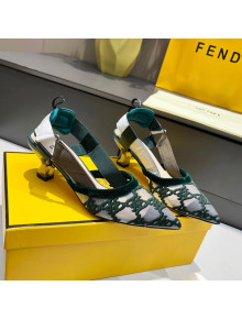 Fendi Colibri Karligraphy Slingback Pumps 6cm in Mesh and Embroidery Green 2021 
