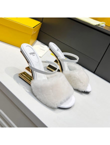Fendi First Shearling F Heel Slide Sandals 8cm White 2021 