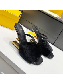Fendi First Mink Fur F Heel Slide Sandals 8cm Black 2021 