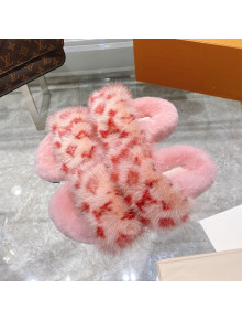 Louis Vuitton Bom Dia Mink Fur Flat Mules Pink/Red 2021 111751