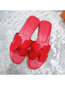 Hermes Oran One Stud H Flat Slide Sandals in Smooth Leather Red 2021 