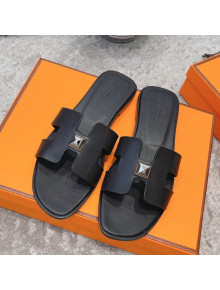 Hermes Oran One Stud H Flat Slide Sandals in Smooth Leather Black/Silver 2021 